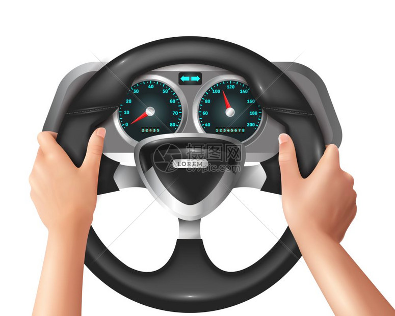 现实的手司机车里彩色三维现实的孤立手司机汽车与方向盘矢量插图图片