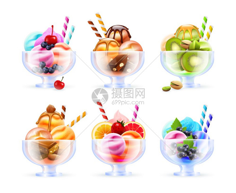 雪碧冰淇淋璃套装雪莱璃分类现实的图像与彩色冰淇淋,水果鸡尾酒同的颜色配料矢量插图图片