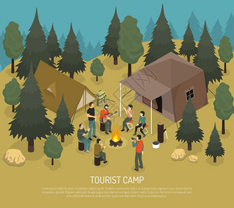 旅游营地等距插图旅游营地森林与帐篷原木与斧头人篝火附近的夏季等距矢量插图图片