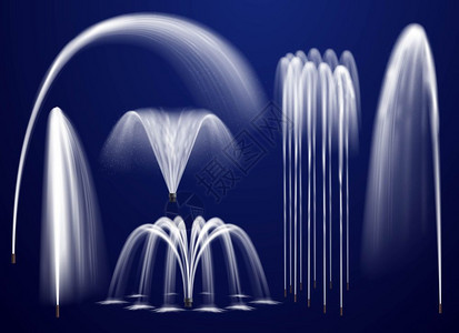 水喷雾蓝色背景集上的现实喷泉逼真的喷泉,包括单射流蓝色背景孤立矢量插图上的溪流合插画