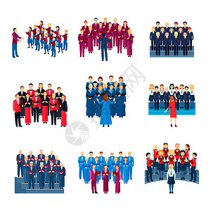 合唱演唱合奏平图标集合合唱平图标收集9个音乐合的歌唱人领导的指挥彩色孤立矢量插图背景图片