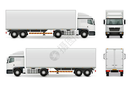 现实的重型卡车广告模型现实重型卡车与白色驾驶室拖车,侧视前后广告模型矢量插图图片
