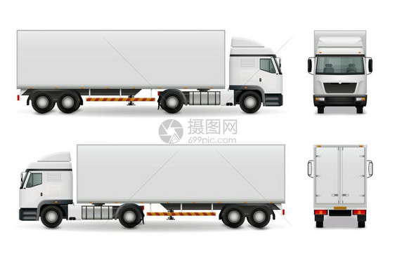 现实的重型卡车广告模型现实重型卡车与白色驾驶室拖车,侧视前后广告模型矢量插图图片