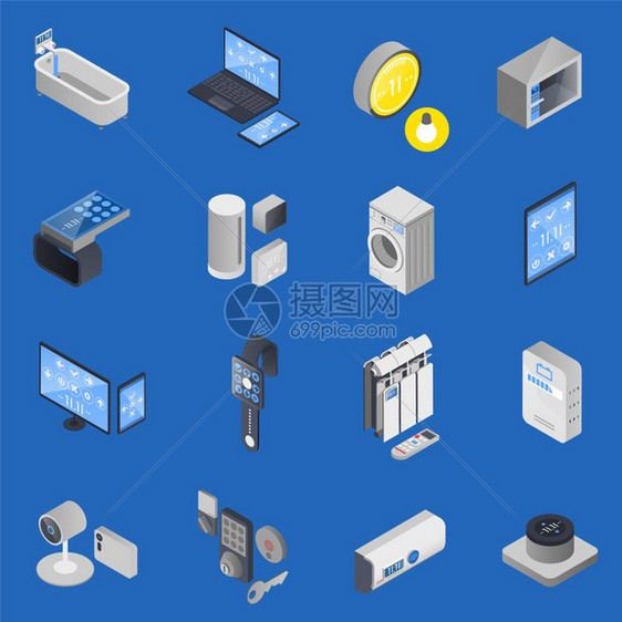 物联网等距图标集彩色物联网等距图标为家庭办公室矢量插图图片