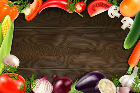 蔬菜木制背景棕色木制背景,框架由彩色整体切片蔬菜成,现实风格的矢量插图图片