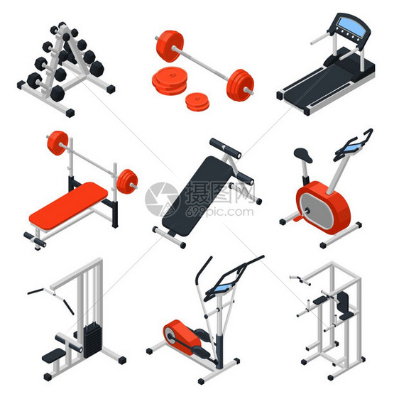 健身房设备等距健身房设备等距与训练符号隔离矢量插图图片