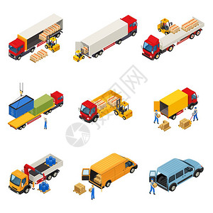 货物集的装载卡车等距的图像,车辆装载货物集装箱进入商业货运车辆矢量插图背景图片