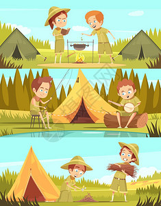童子活动卡通横幅童子夏令营活动3复古卡通水平横幅篝火烹饪孤立矢量插图图片