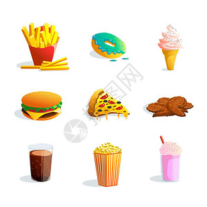 快餐卡通集快餐卡通图标冰淇淋爆米花,比萨饼,汉堡包,油炸土豆甜甜圈产品平矢量插图图片