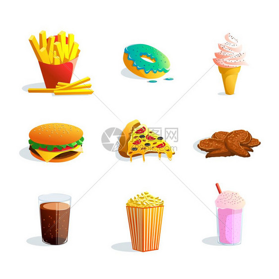 快餐卡通集快餐卡通图标冰淇淋爆米花,比萨饼,汉堡包,油炸土豆甜甜圈产品平矢量插图图片