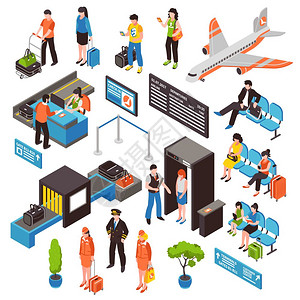 机场等距图标机场乘客登机安全控制门Waitig区域飞机等距图标收集孤立矢量插图图片