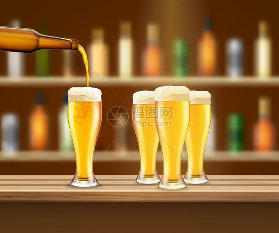 现实的啤酒插图四杯新鲜啤酒酒吧柜台现实矢量插图图片