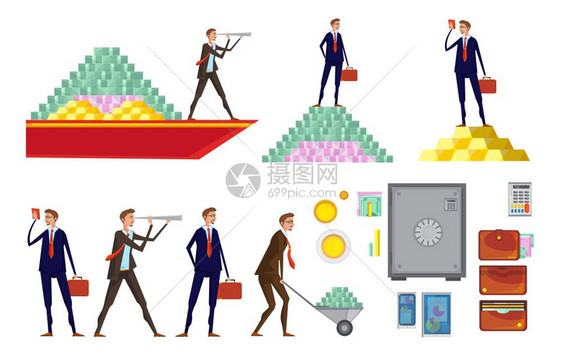 金融财富图标涂鸦图像与虚幻的金钱金字塔,钱包,办公室工作人员字符,筹集携带金钱矢量插图图片