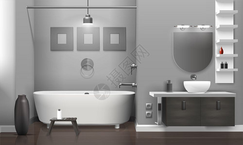 现实的浴室内部现实浴室内部与白色浴缸水槽,装饰灰色墙壁,花瓶地板矢量插图图片