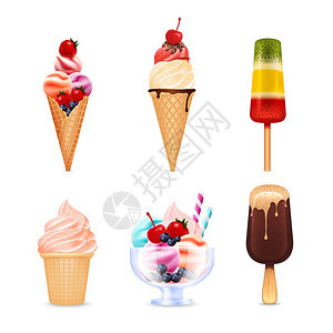 冰淇淋写实套美味的冰淇淋,同种类的浆果巧克力现实隔离白色背景矢量插图图片