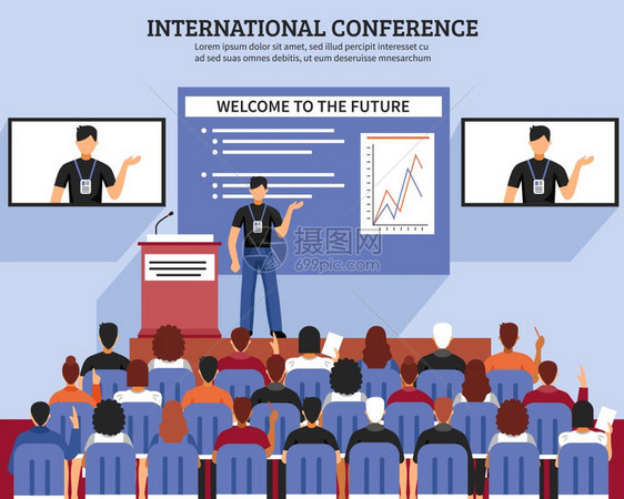 演示会议大厅成演示会议厅成国际会议欢迎来未来的描述矢量插图图片