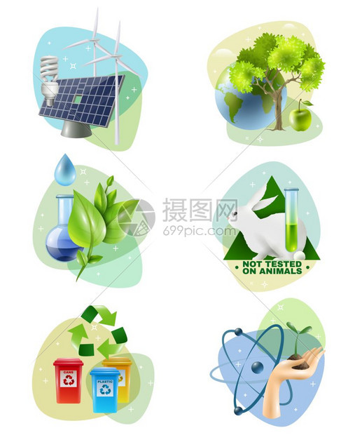 环境保护6个生态图标生态6图标清洁绿色能源发电机回收禁止动物测试孤立矢量插图图片