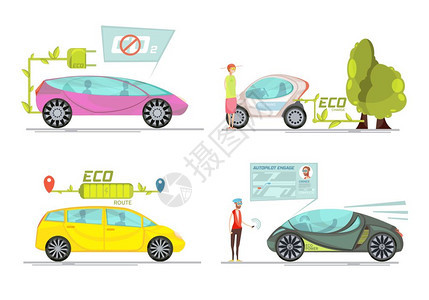 电动汽车的彩色环保电动汽车2x2孤立白色背景平矢量插图图片