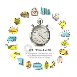 时间管理轮式时间管理轮与手绘业务图标3D秒表白色背景孤立矢量插图图片