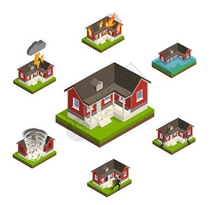 家庭保险等距集房屋保险等距收集与类似的孤立家庭图像受同类型的损害矢量插图的影响图片