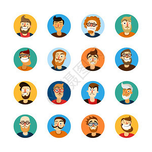 男用户集男人的脸表达同的情绪,五颜六色的用户隔离白色背景卡通矢量插图图片