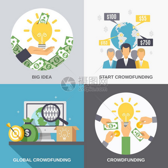 众筹2x2众筹2x2与商业理念,金融投资全球捐赠图标成平矢量插图图片