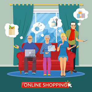 网上购物平作文网上购物平成与人们互联网上集体购买用计算机电话平板矢量插图图片