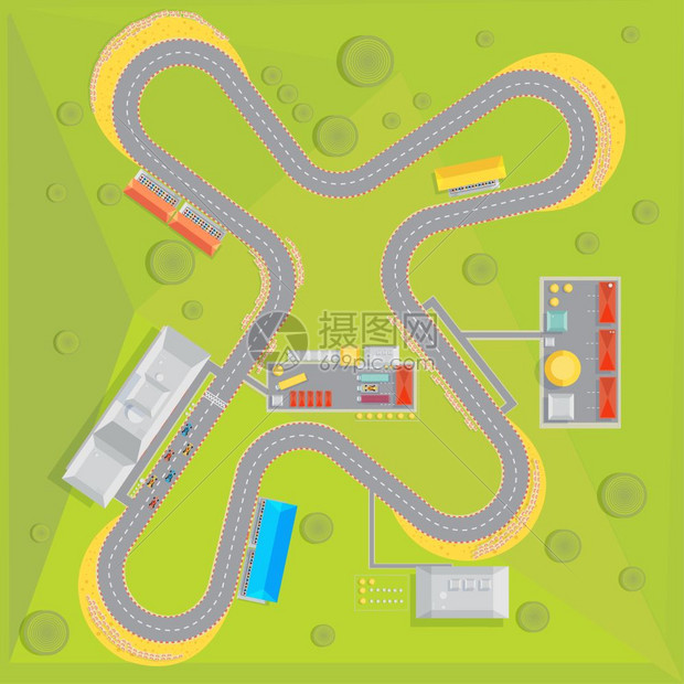 插画 生活方式 赛车球场平构图赛道成与顶部的赛车路线与绿色周围地区