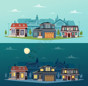 郊区的房子水平横幅郊区的房子水平横幅与彩色小屋白天夜间矢量插图图片