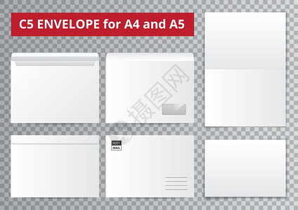 办公室信封透明收集办公室文件模板与空白纸张邮件信封图像上的透明背景矢量插图图片