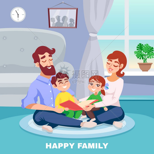 快乐家庭卡通海报幸福家庭家里室内卡通海报与母亲父亲儿子女儿阅读书籍,平矢量插图图片
