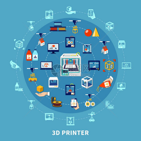 三维打印成三维打印成与装饰图标排列蓝色背景平矢量插图上图片