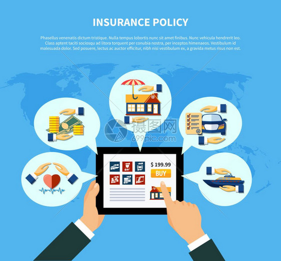 保险政策服务保险单服务与手平板电脑健康货币财产汽车船保护矢量插图图片