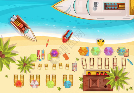 海滩假日顶部视图插图海滩度假构图,顶部视图,包括日光浴轻人酒吧船冲浪板棕榈树矢量插图图片