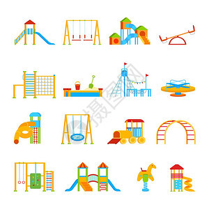 操场设备图标十六个儿童游乐场设备元素平卡通图标的木马滑倾矢量插图图片