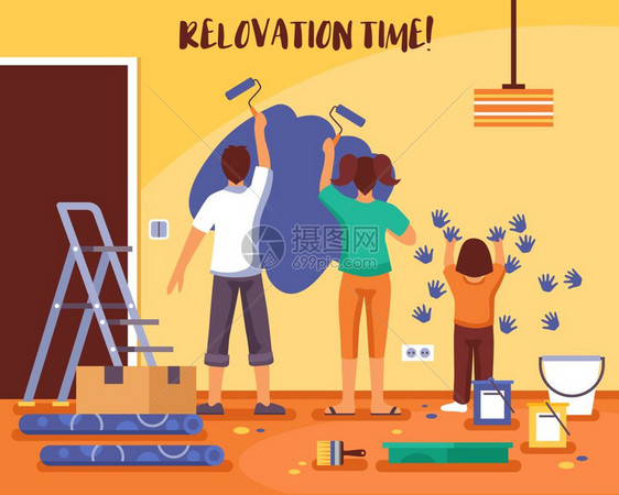 翻新时间平矢量图翻新时间平矢量插图与家庭的男,女儿童重新油漆房间墙壁由滚筒图片