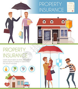 财产保险横向横幅财产保险横向横幅与人伞下符号保护免受生活问题平矢量插图图片