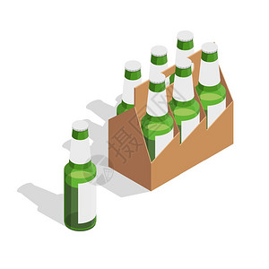 啤酒包装等距成分隔离啤酒包等距成与七个绿色璃瓶白色背景矢量插图图片