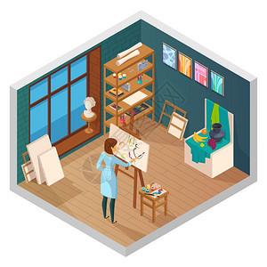 现代绘画工作室成艺术工作室等距的教室内部与窗架绘画女画家的格工作矢量插图图片