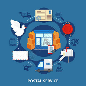 邮政服务轮式邮政服务圆形与盒子信件运输交付的蓝色背景矢量插图图片