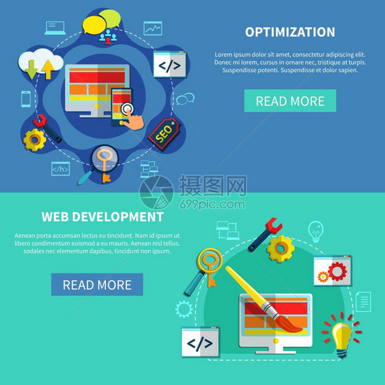 网页优化横幅两个SEO水平横幅为网站搜索引擎优化开发与阅读更多按钮矢量插图图片