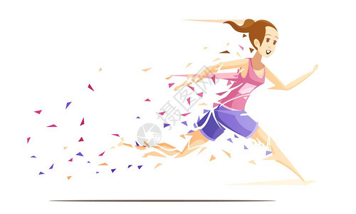 女跑步者Metafan的跑步女子动作复古卡通构图与跑步女孩运动员摔碎溅纸矢量插图图片