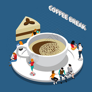 咖啡休息等距成分咖啡休息等距成与杯饮料人碟子上的蓝色背景矢量插图背景图片
