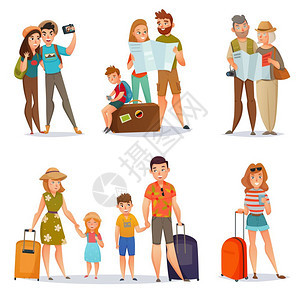 旅行的人携带行李的旅行人员,包括家庭夫妇轻妇女矢量插图图片