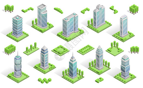 城市房屋成城市房屋等距构图与摩天大楼矢量插图图片