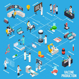 疫苗生产信息图表布局疫苗生产信息布局与科学实验动物测试康复符号等距矢量插图图片