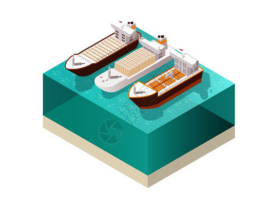 货船等距成船舶等距三艘满载货船船舶与阴影海水表矢量插图图片
