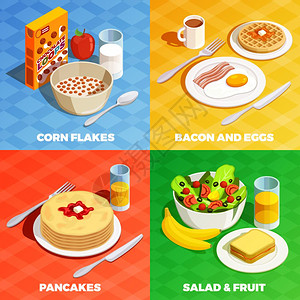 午餐餐理念烹饪图标等距与现实菜肴餐具与各种早餐食品饮料图像矢量插图图片