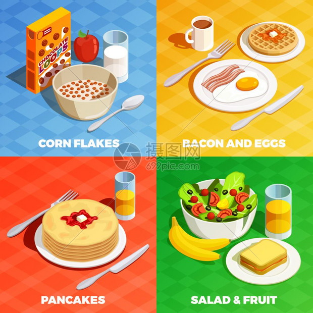 午餐餐理念烹饪图标等距与现实菜肴餐具与各种早餐食品饮料图像矢量插图图片