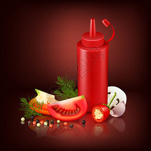 红色塑料瓶蔬菜的真实背景彩色现实背景与红色塑料瓶与番茄酱切碎蔬菜矢量插图图片